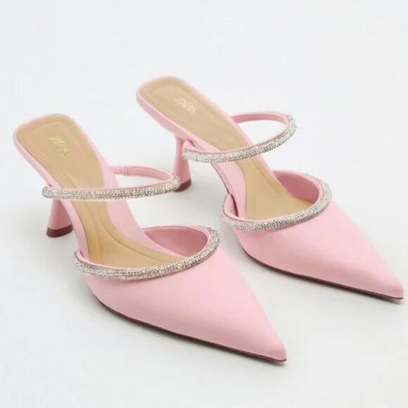Zara Shoes - ZARA Pointed Toe Rhinestone Trim Mule Kitten Heel Shoes Pink 40 / 10